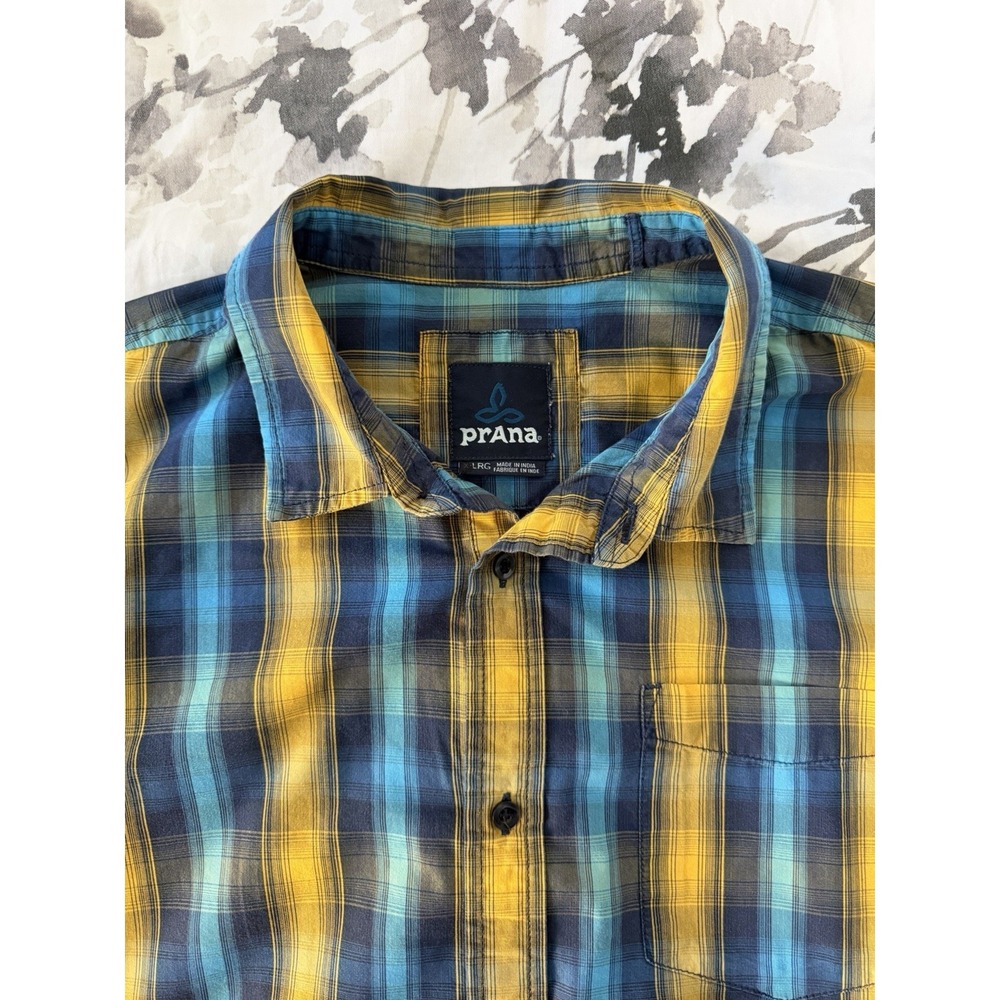 Prana Yellow Blue Plaid Check Short Sleeve Button Shirt Organic Cotton Blend XL
